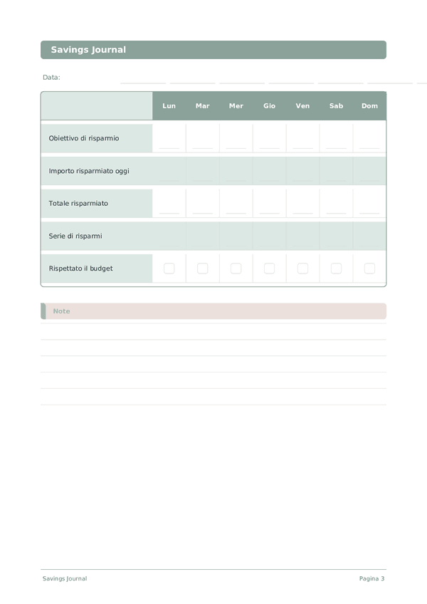Savings Journal — anteprima pagina